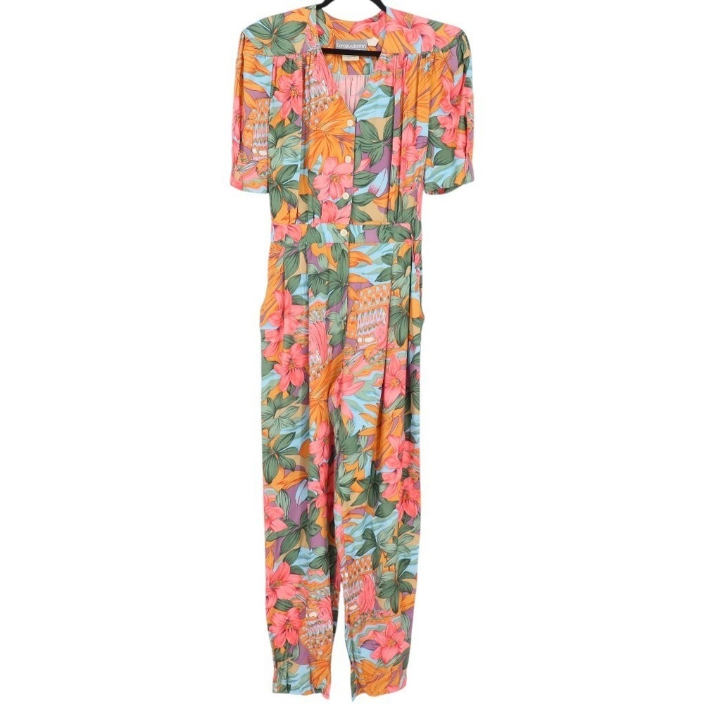 Carol Anderson Vintage 80s Tropical Floral Jumpsuit Womens Sz 9/10 Short Sleeve